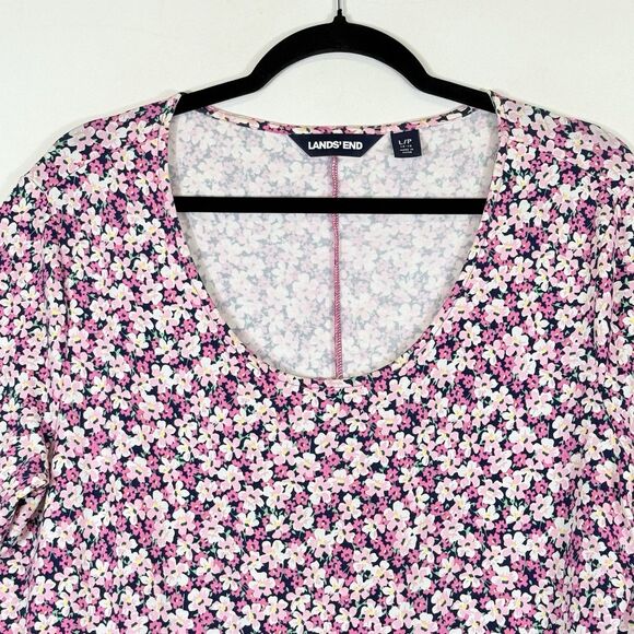 Lands' End Pink Floral Knit Short Sleeve Fit Flare Dress Womens Sz Large‎ 14 16 - Picture 2 of 7